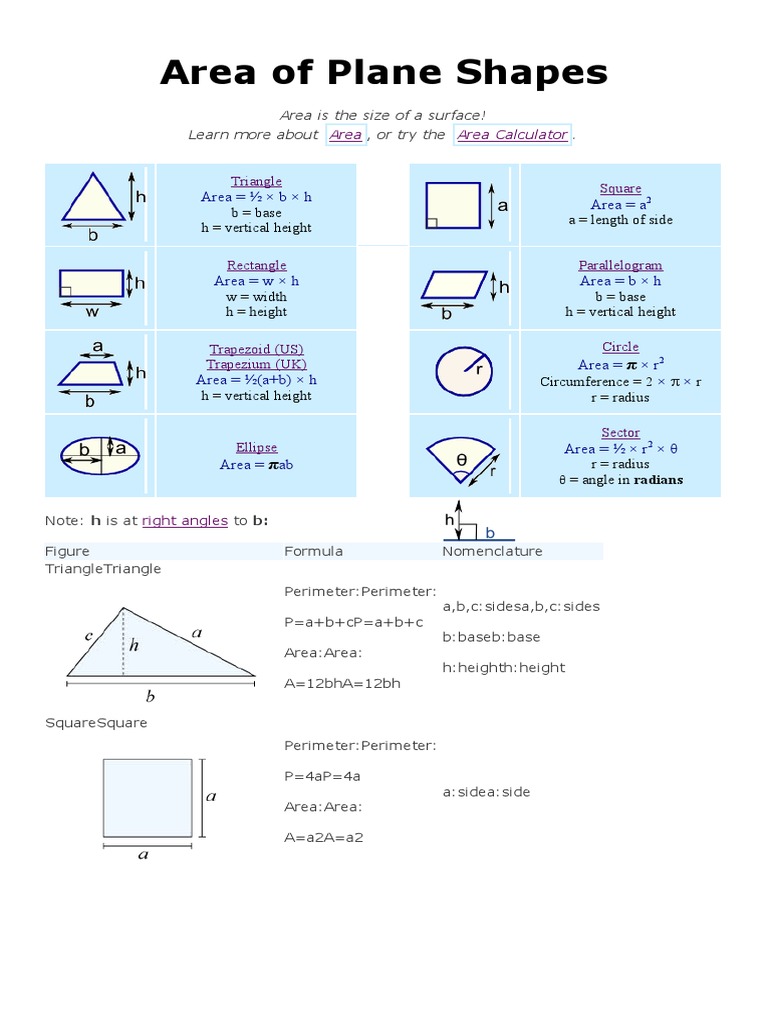 Formule Surface Triangle Rectangle Area of Plane Shapes | PDF | Area | Teaching Mathematics