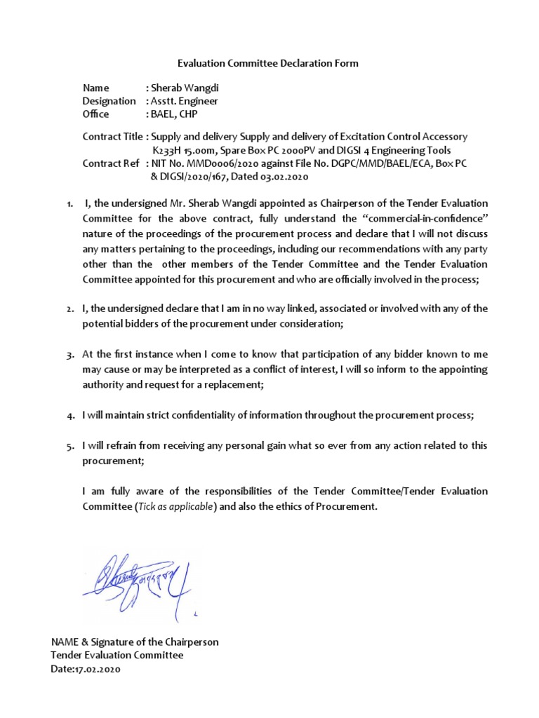 Evaluation Committee Declaration Form | PDF | Procurement | Evaluation