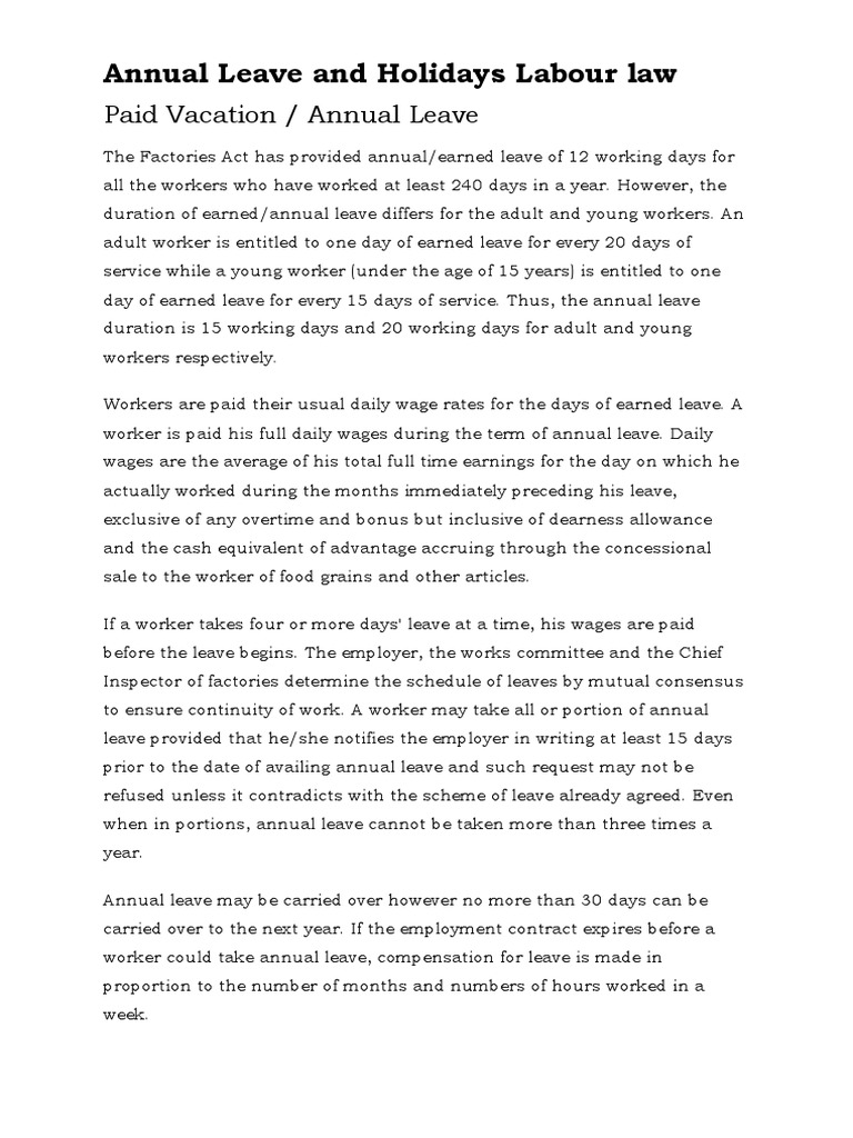 01Labour Law Annual Leave and Holidays PDF Annual Leave Overtime