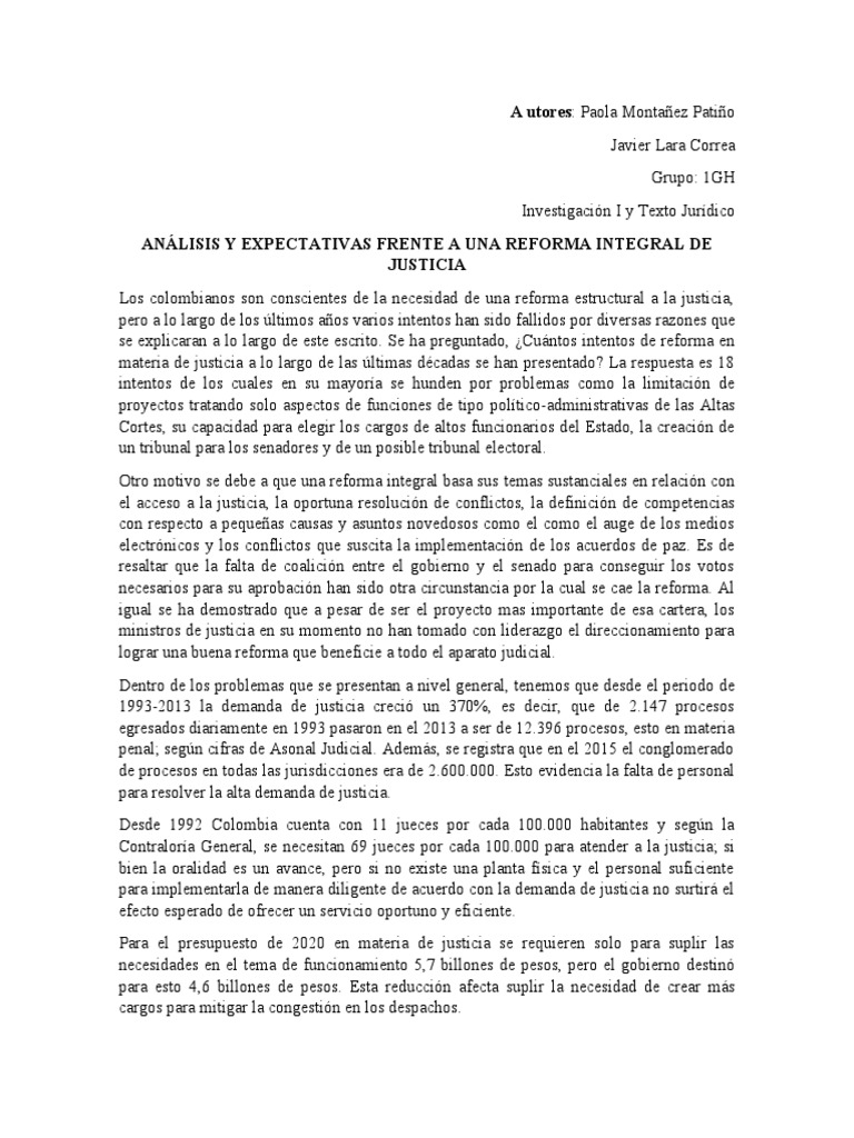 Reforma A La Justicia Ensayo PDF Colombia Justicia