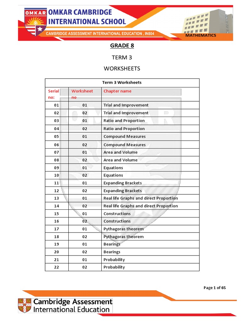Grade 8 Term 3 Maths Worksheets | PDF | Area | Equations