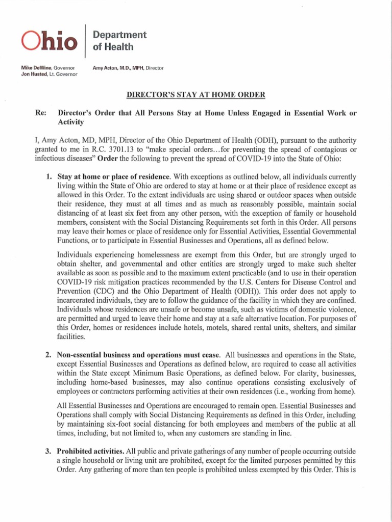 Ohio Stay at Home Order | PDF | Health Care | Foods