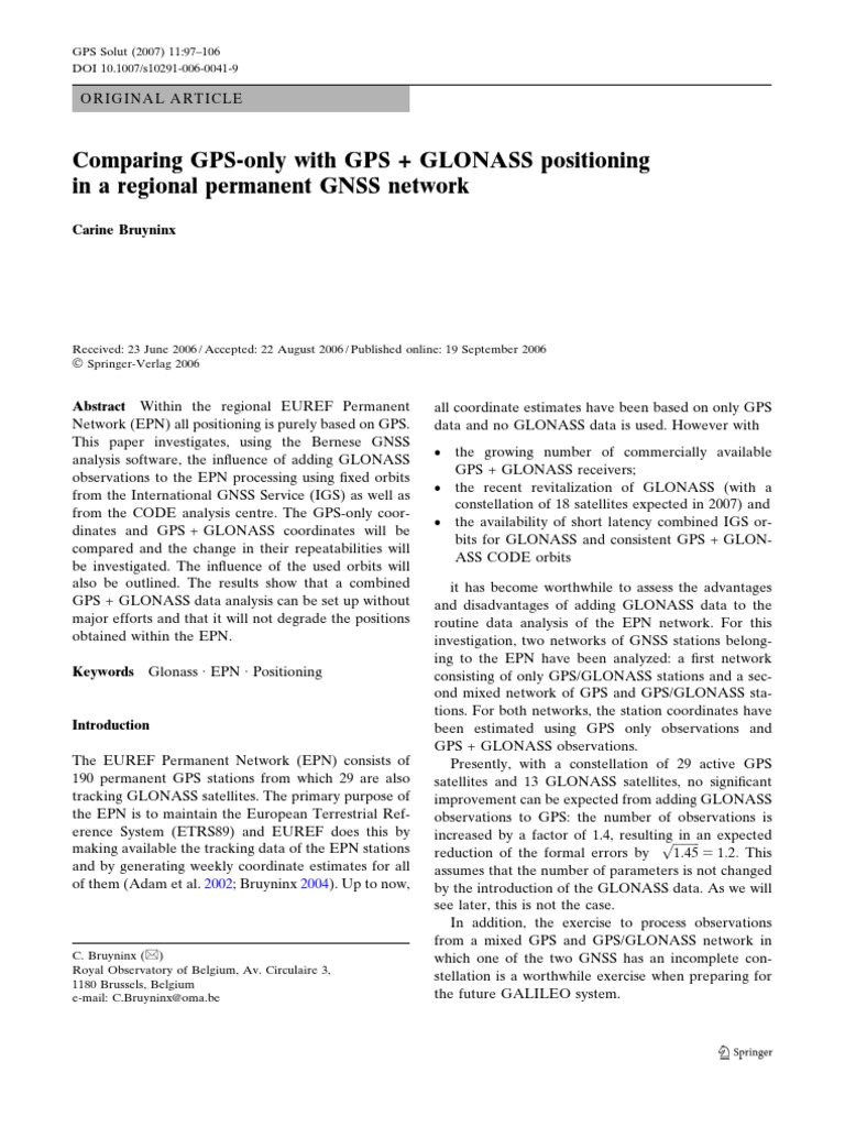 Comparing GPS Only With GPS GLONASS Positioning in A Regional Permanent ...