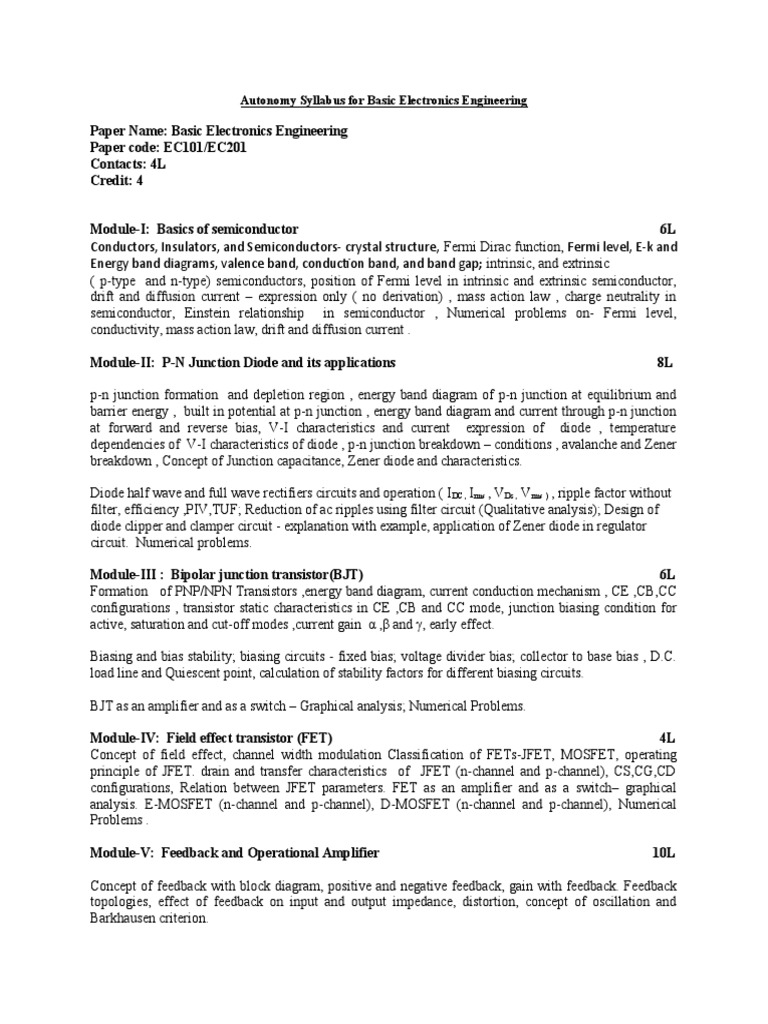 Basic Electronics Engineering Syllabus | PDF | P–N Junction ...
