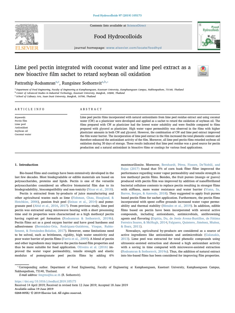 Lime Peel Pectin Integrated With Coconut Water and Lime Peel Extract As