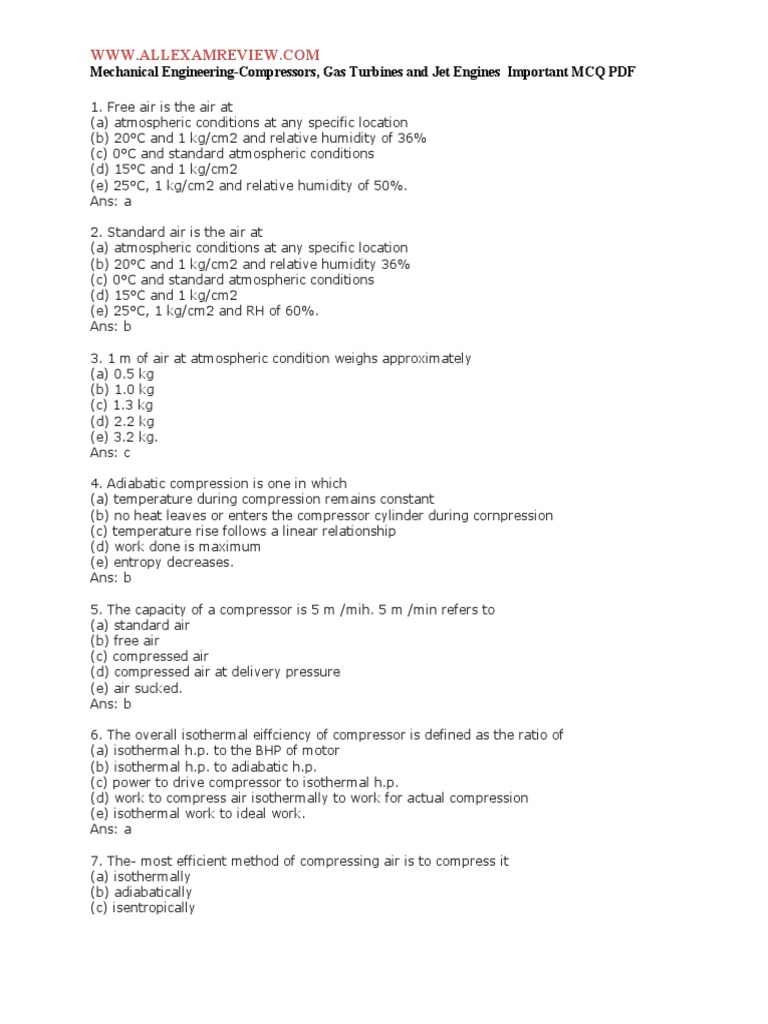 Mechanical Engg: Key Compressor MCQs | PDF | Jet Engine | Gas Turbine