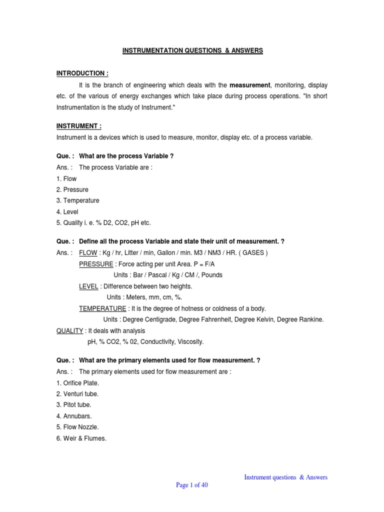 Instrumentation Q&A Guide | PDF | Pressure Measurement | Control Theory