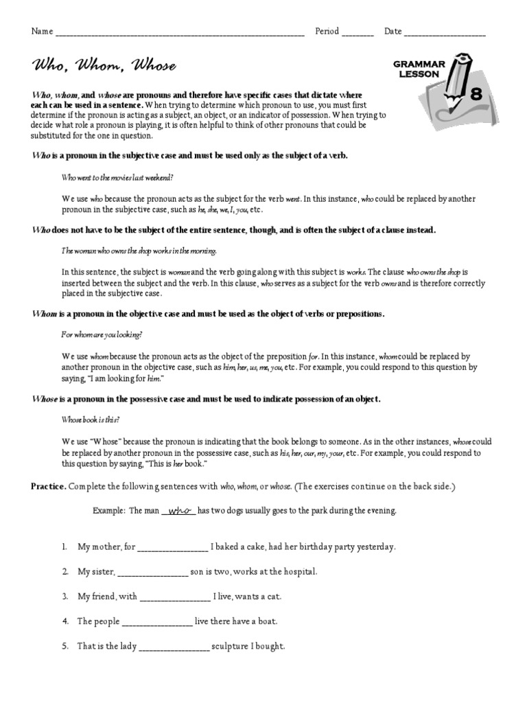 Who, Whom, Whose: Usage Guide | PDF | Subject (Grammar) | Pronoun