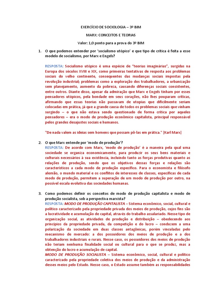 Exercícios sobre Karl Marx e Socialismo | PDF | Karl Marx | Socialismo