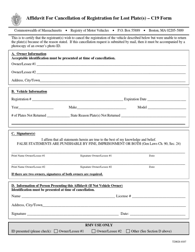 Affidavit For Cancellation of Registration For Lost Plate(s) - C19 Form ...