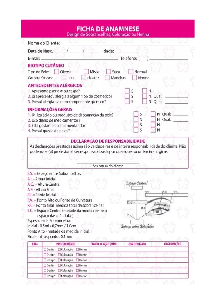 Ficha de anamnese design de sobrancelhas