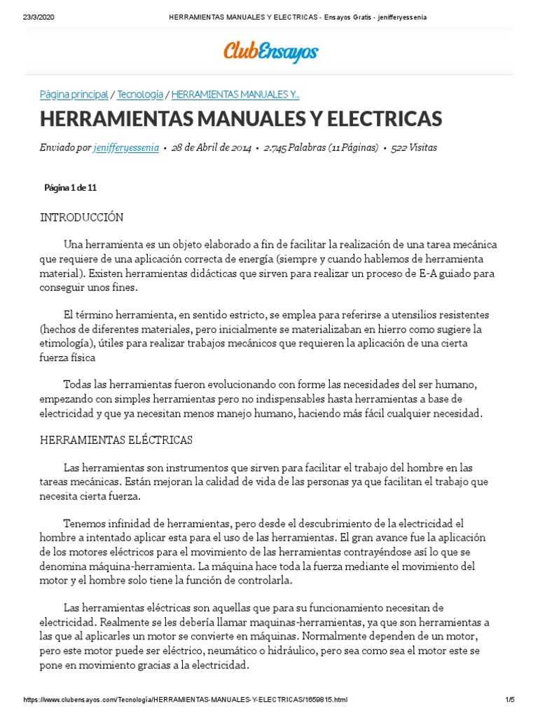 HERRAMIENTAS MANUALES Y ELECTRICAS - Ensayos Gratis - Jenifferyessenia |  PDF | Herramientas | Perforar