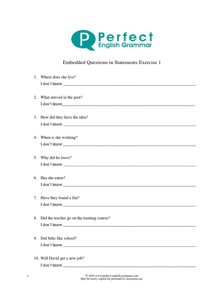 Embedded Questions in Statements Exercise 1 PDF | PDF