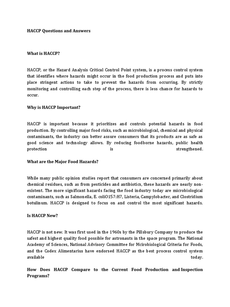 HACCP Questions and Answers PDF PDF Hazard Analysis And Critical