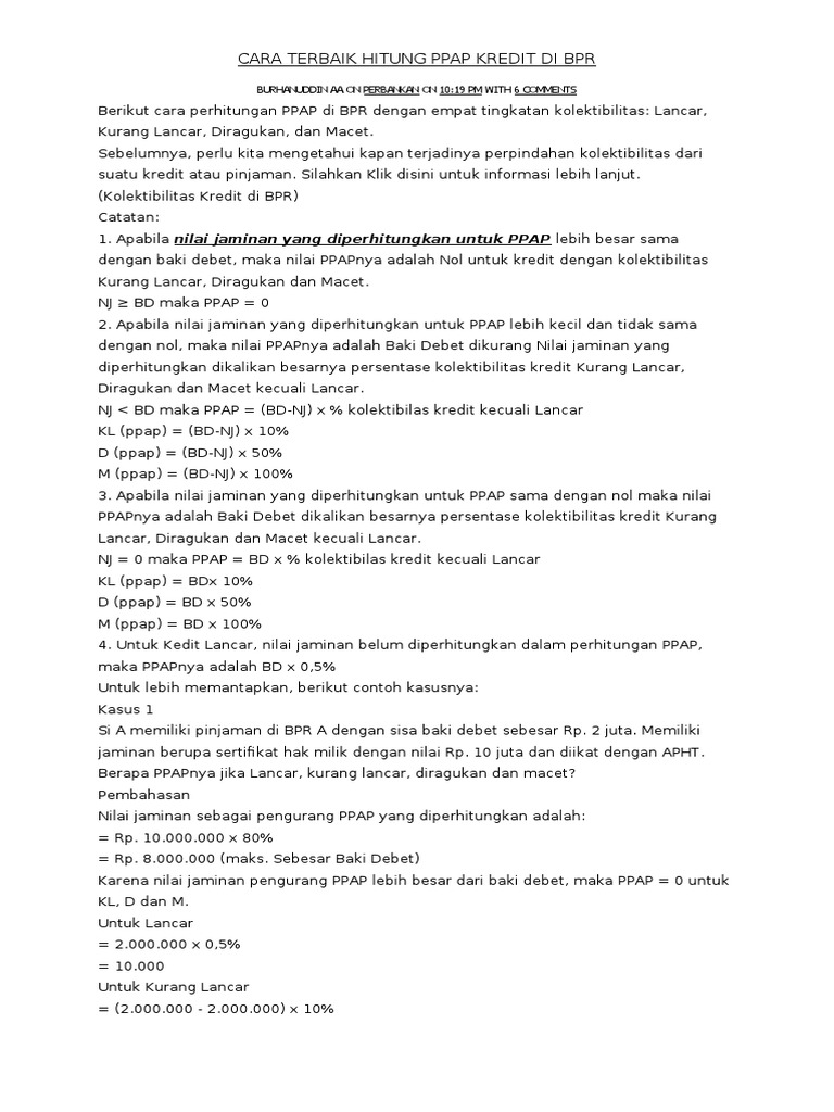 Perhitungan PPAP Kredit di BPR | PDF | Hukum