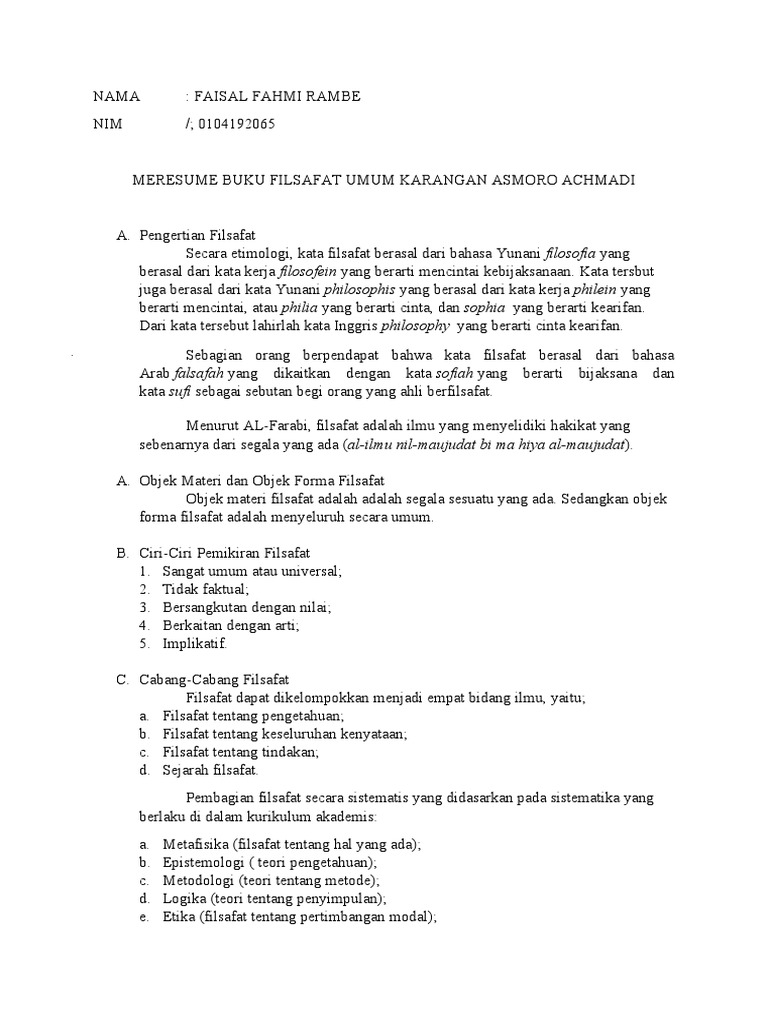 Meresume Buku Filsafat Umum Karangan Asmoro Achmadi Pdf