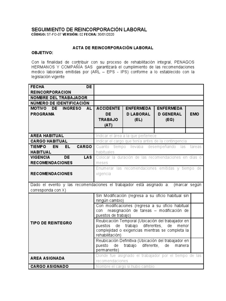 Acta de Reincorporación Laboral | PDF | Salud y bienestar | Medicina