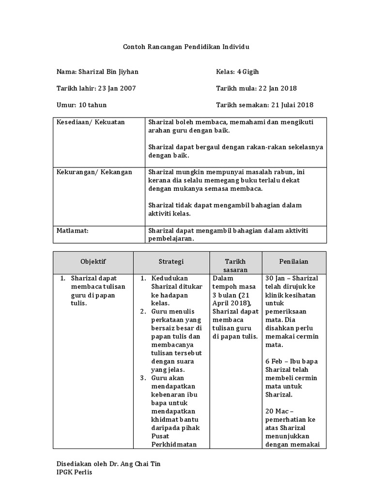 Contoh Rancangan Pendidikan Individu | PDF