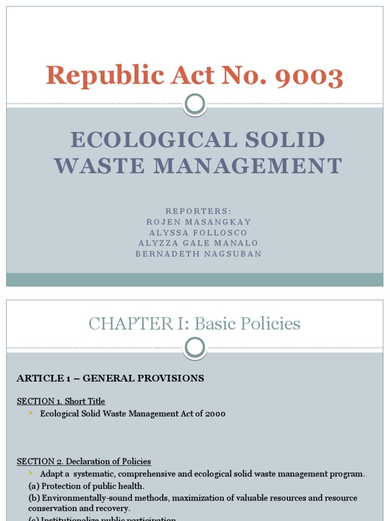 The Ecological Solid Waste Management Act of 2000 Establishing a