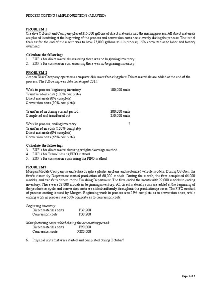 Process Costing Problems and Solutions PDF Inventory Supply Chain