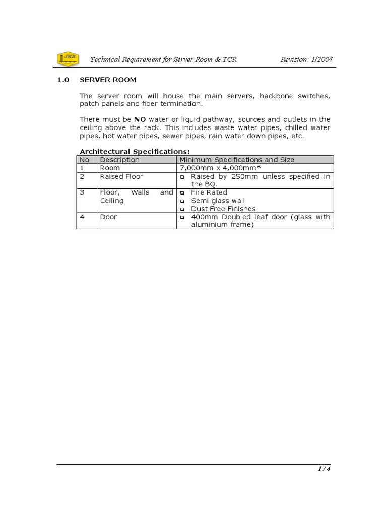 Server Room & TCR Technical Specifications | PDF | Home Appliance ...