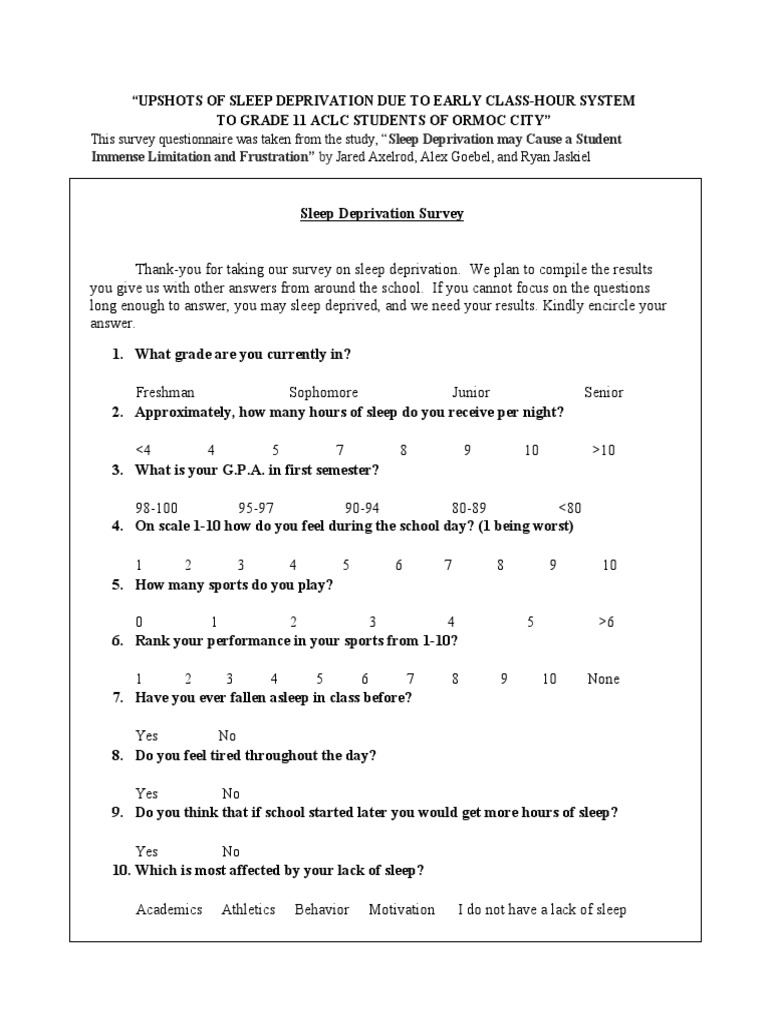 An Adapted Survey Sample From The Study UPSHOTS OF EARLY CLASSHOUR
