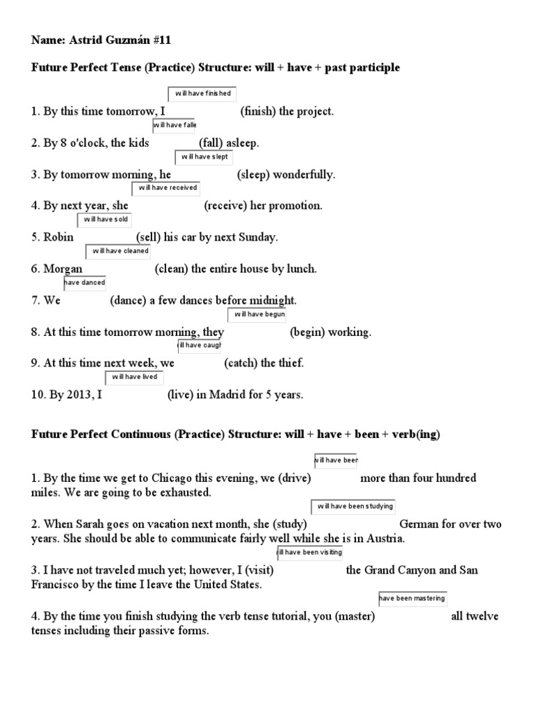 Future Perfect Tense Practice | PDF | Language Mechanics | Grammar