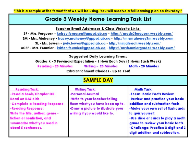Grade 3 Weekly Learning Task List | PDF