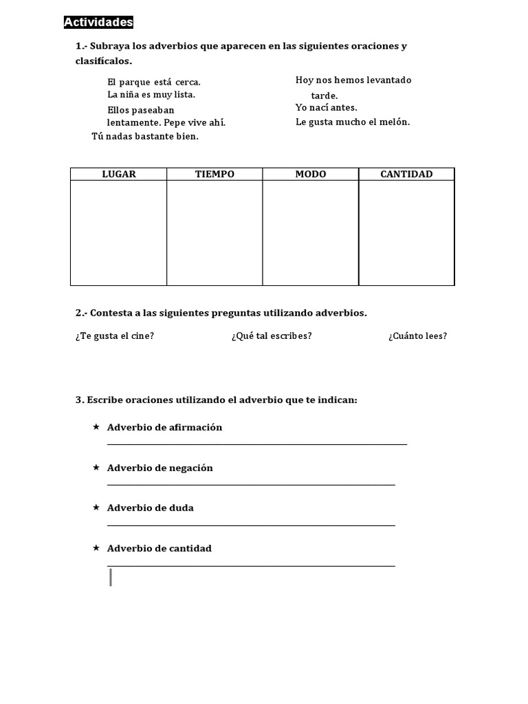 Actividades de Adverbios para Primaria | PDF | Artes del Lenguaje y ...