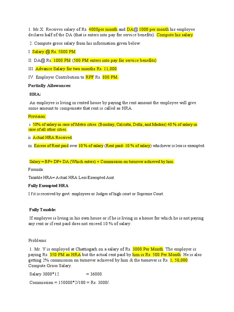 HRA Sums. | PDF | Employment Compensation | Salary