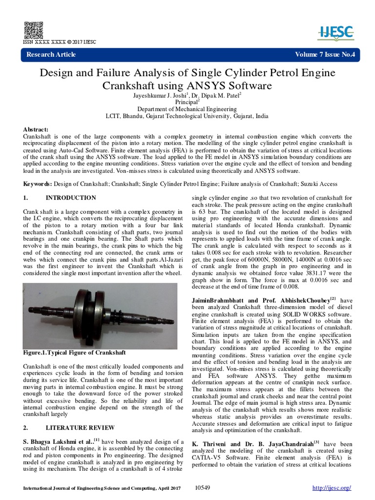 .Design and Failure Analysis of Single Cylinder Petrol Engine Crankshaft Using ANSYS Software