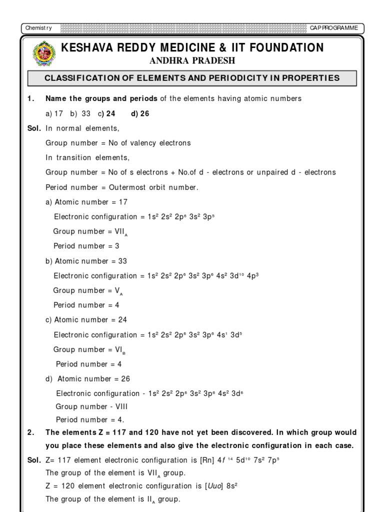Classification of Elements and Periodicity in Properties Worksheet