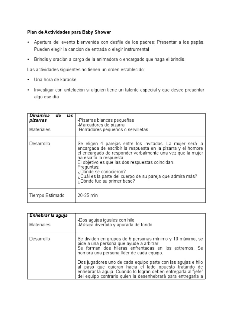 Plan de Actividades para Baby Shower | PDF | Ocio | Deportes