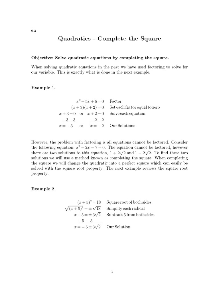 Solving Quadratics: Completing the Square | PDF | Quadratic Equation ...