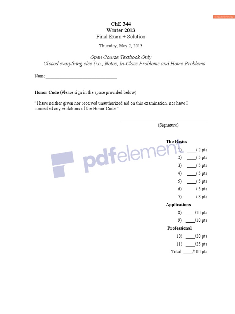 ChE 344 Winter 2013 Final Exam Solutions | PDF | Chemical Reactor ...