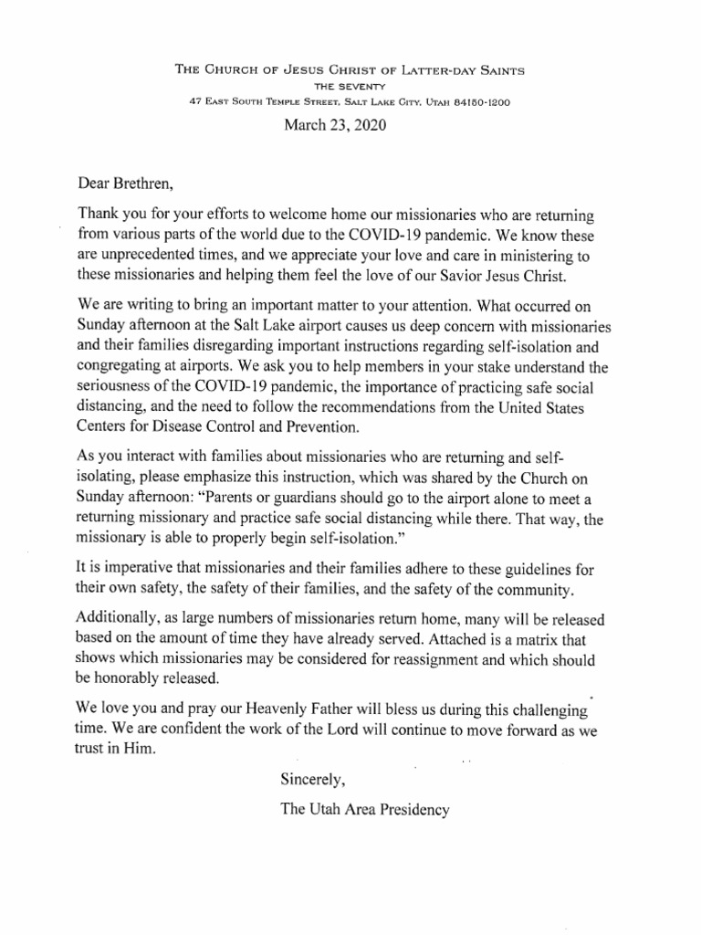 Utah Area Presidency Letter