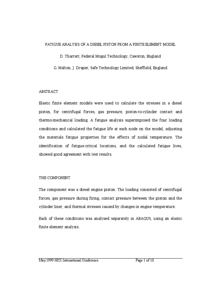 Fatigue Analysis of A Diesel Piston From A Finite Element Model | PDF ...