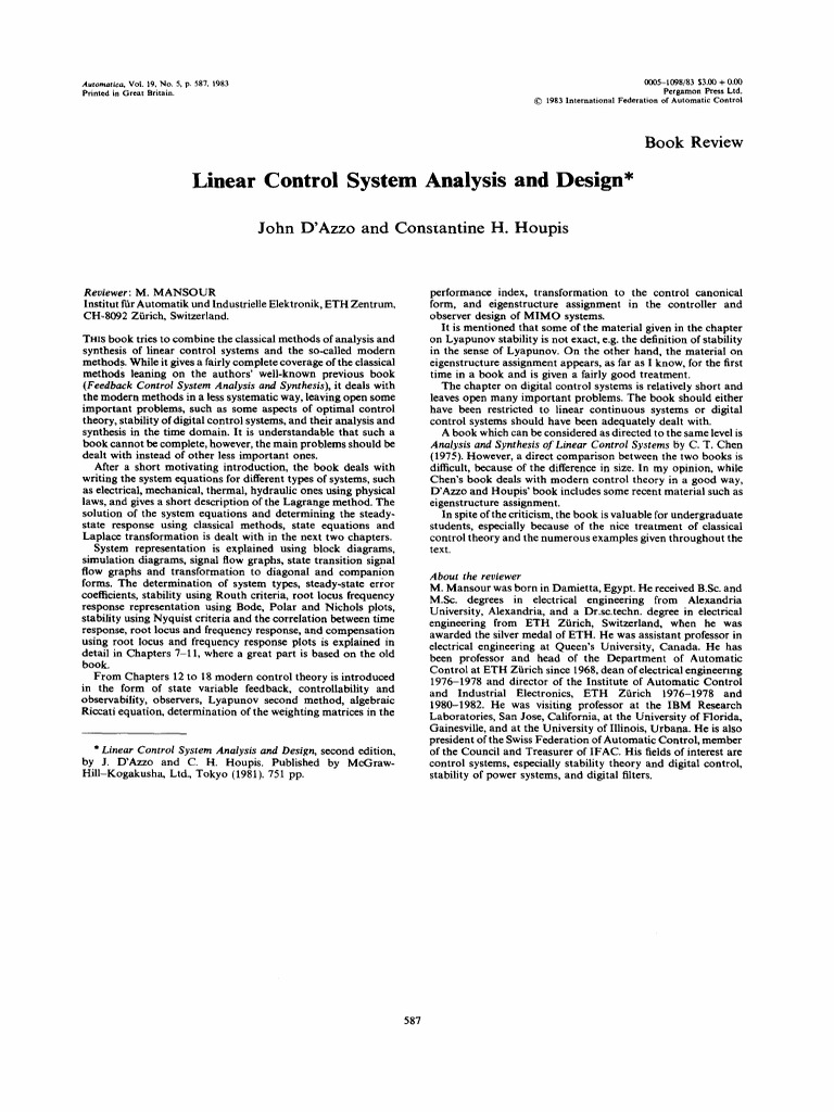 Linear Control System Analysis and Design PDF Control Theory Stability Theory