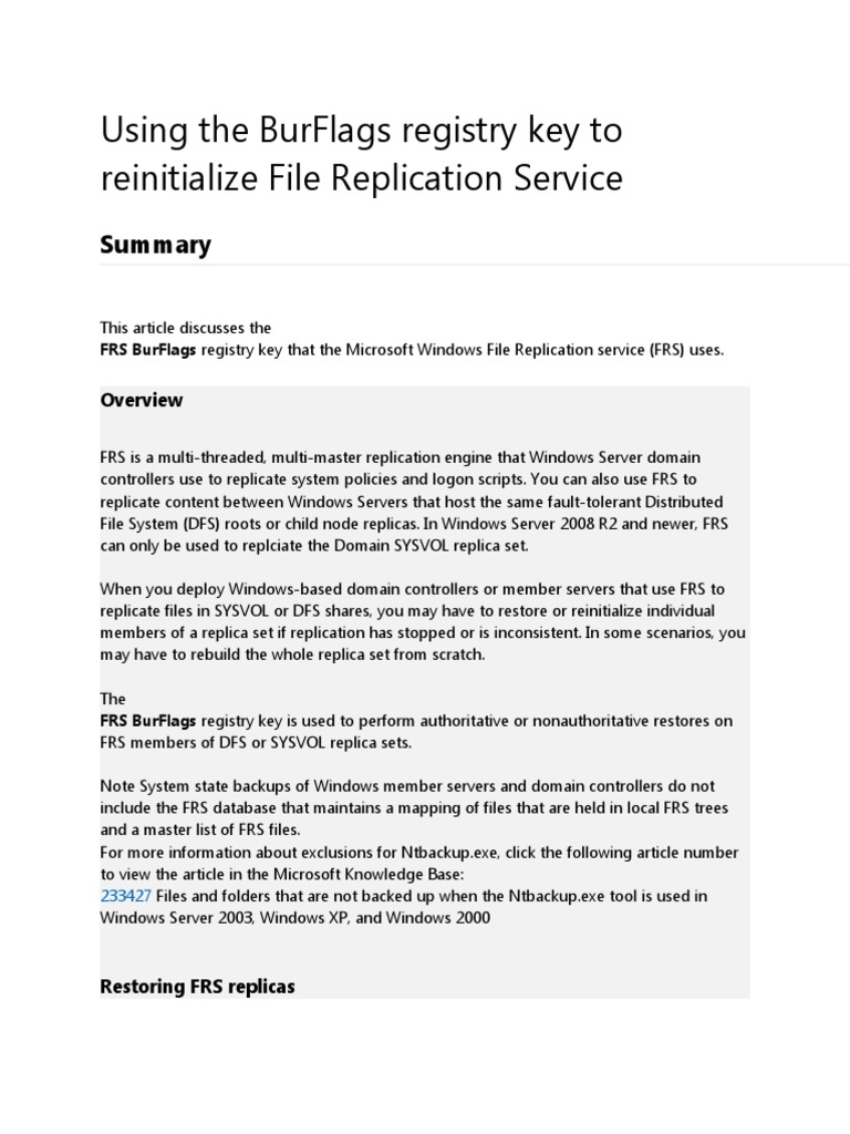 Using The BurFlags Registry Key To Reinitialize File Replication ...