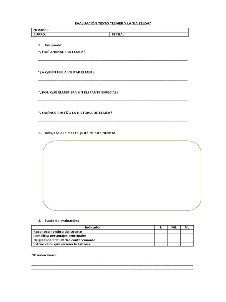 EVALUACIÓN TEXTO Elmer y Tia Zelda PDF