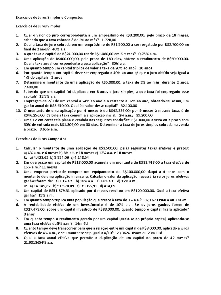 Exercícios de Juros Simples e Compostos | PDF | Juros | Economias