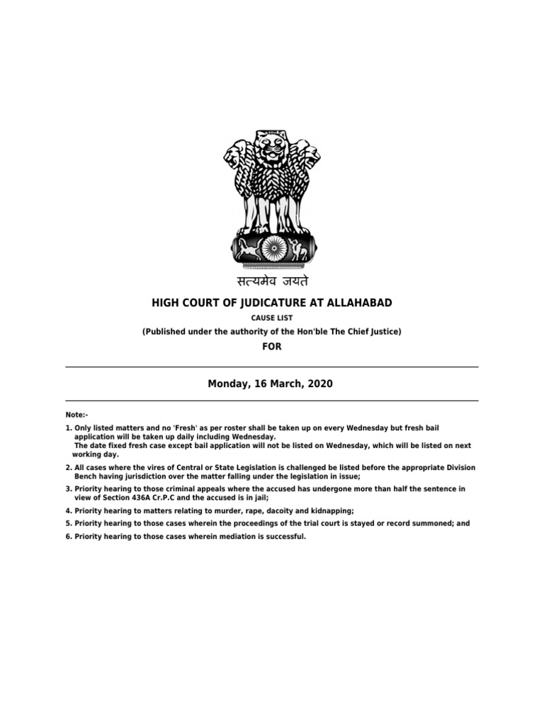 Daily Cause List 16032020 PDF PDF Public Law Judiciaries