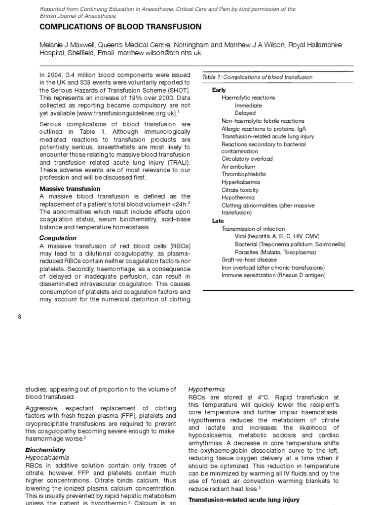 Blood Transfusion Complications Overview | PDF | Blood Transfusion ...