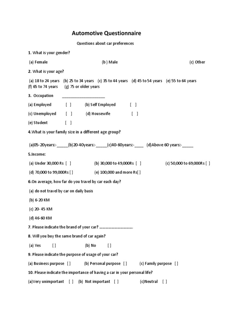 Automotive Questionnaire 12 PDF Luxury Vehicles Car