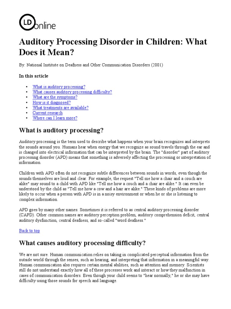 Auditory Processing Disorder PDF Sound Clinical Psychology