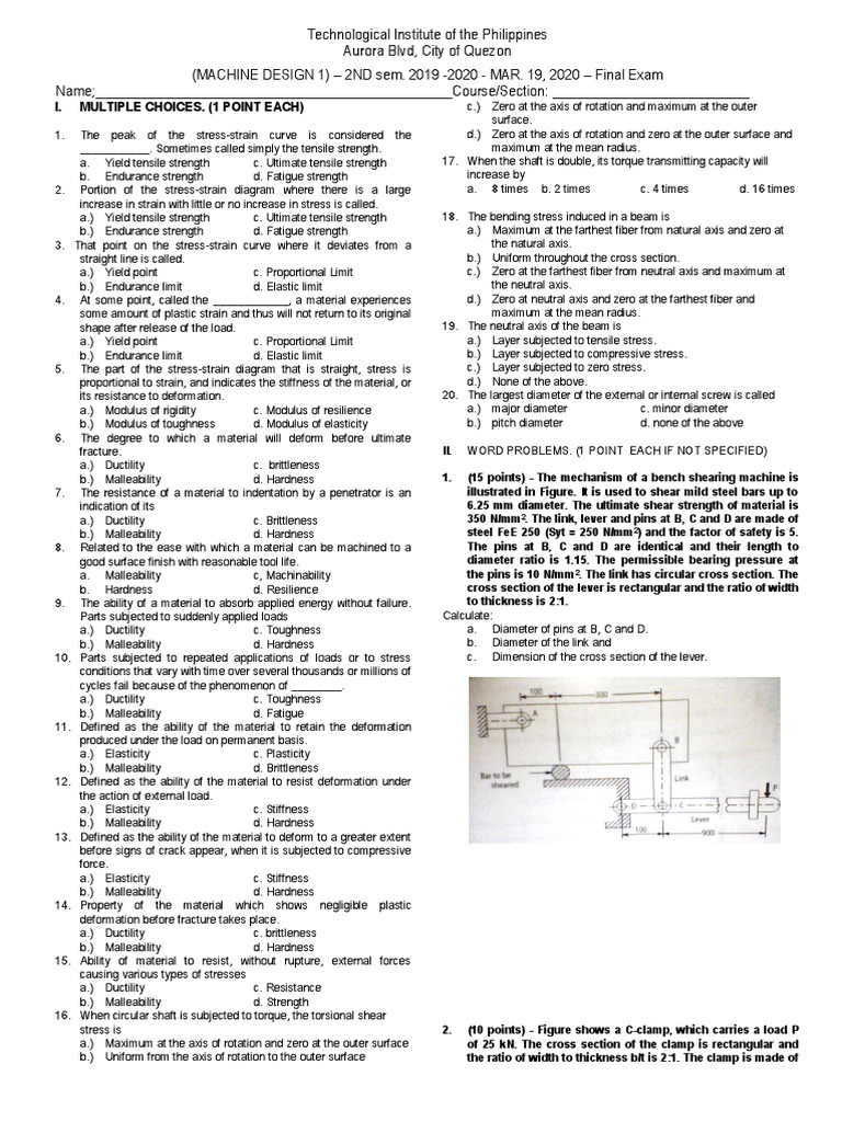 Machine Design Final Exam Review | PDF | Ductility | Deformation ...