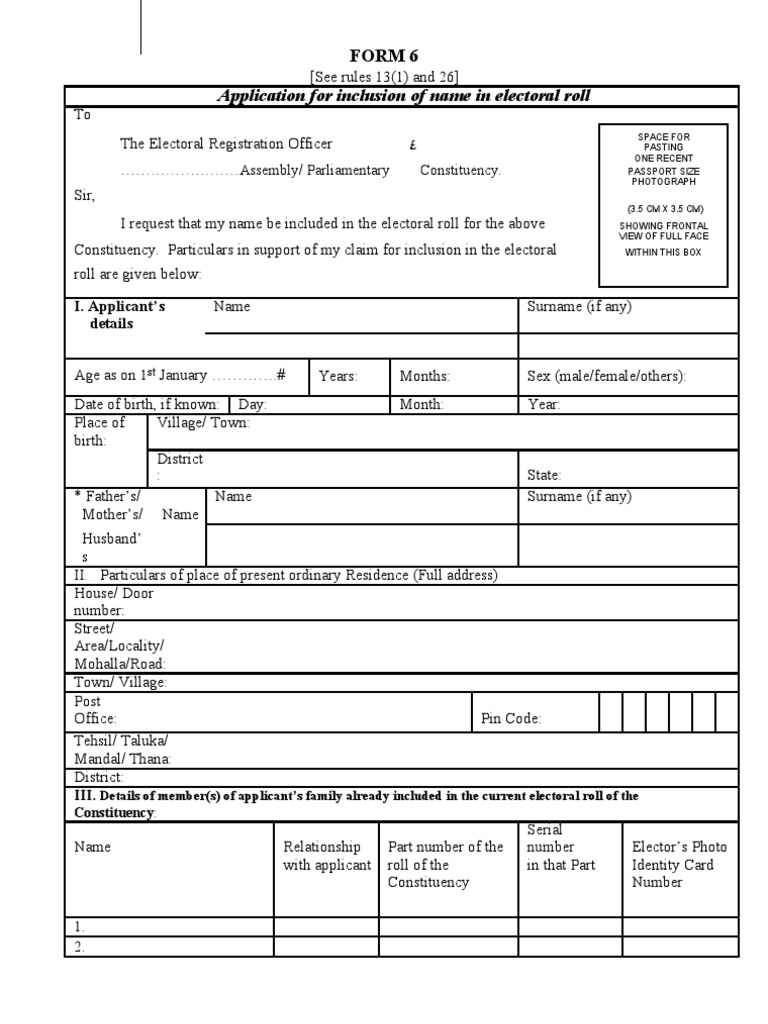 Application For Inclusion of Name in Electoral Roll: Form 6 | PDF