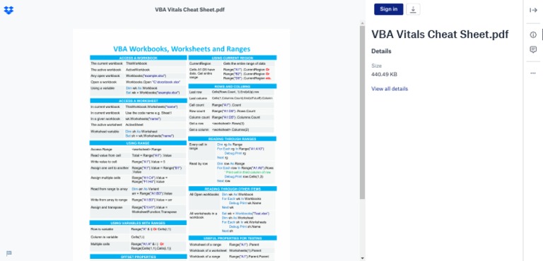 VBA Cheat Sheet for Essential Functions | PDF