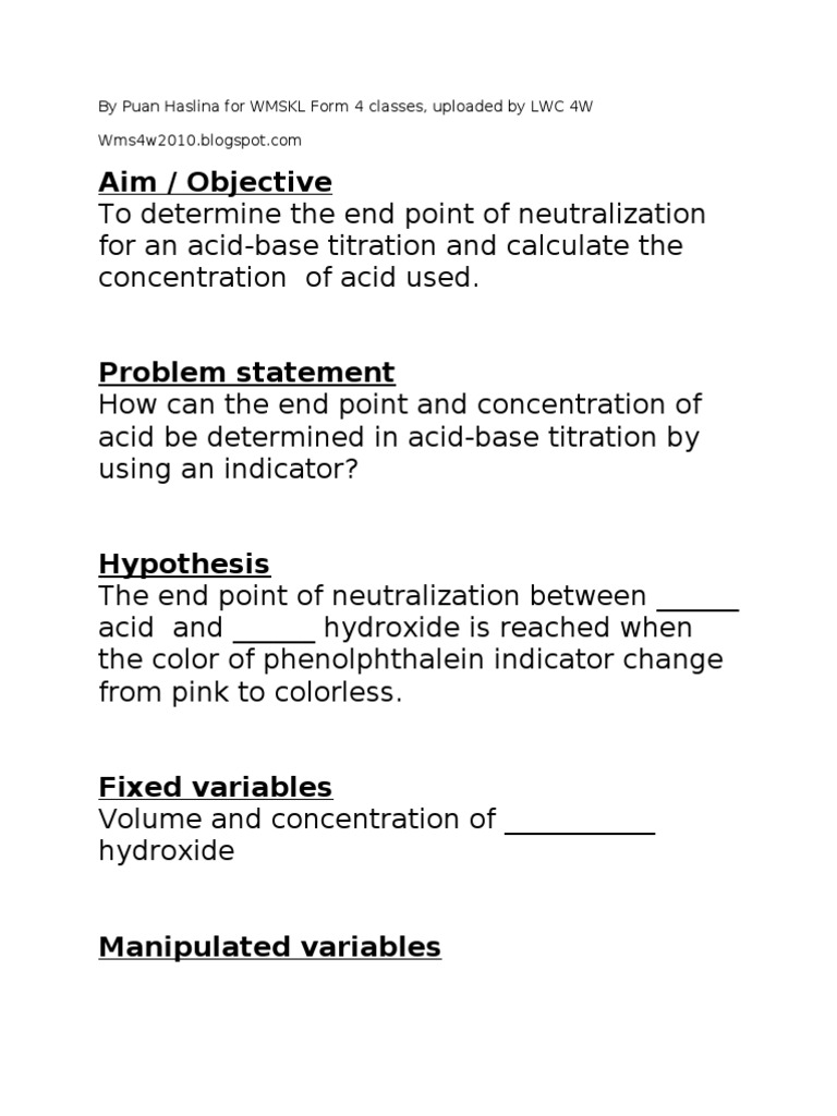 Titration Report Titration Chemistry