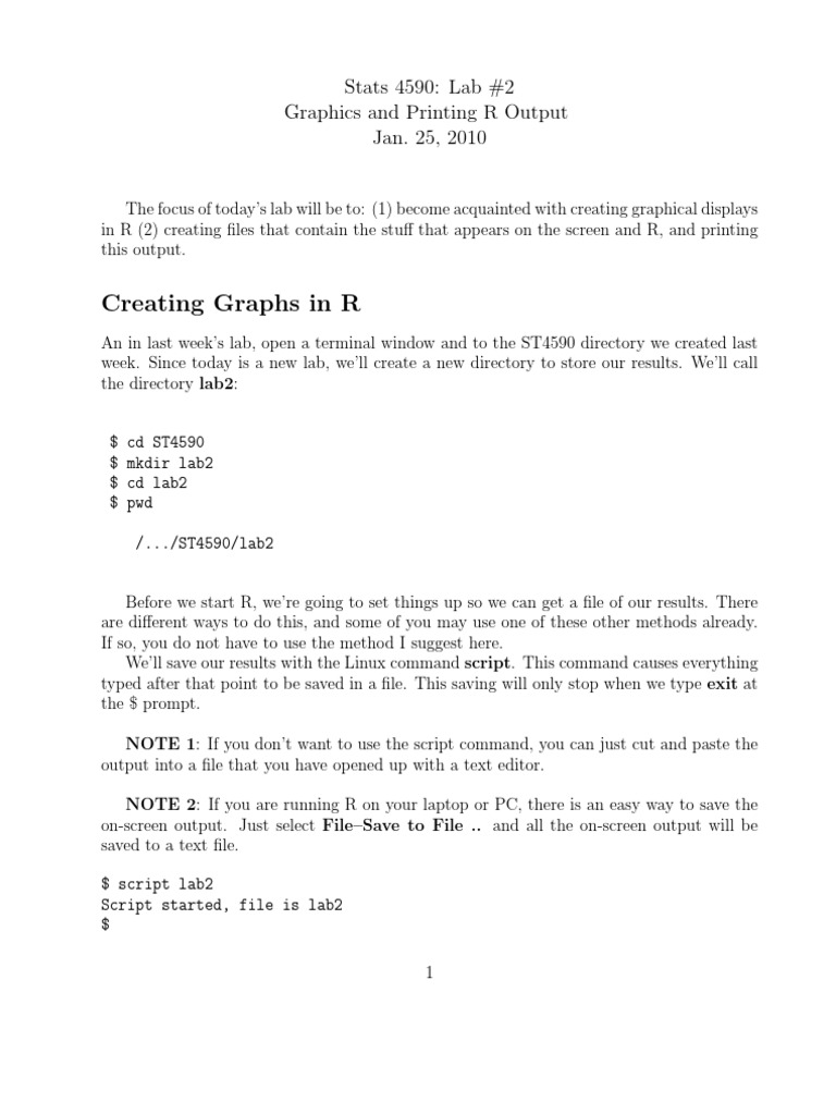 Creating Graphs in R Stats 4590 Lab 2 Graphics and Printing R Output